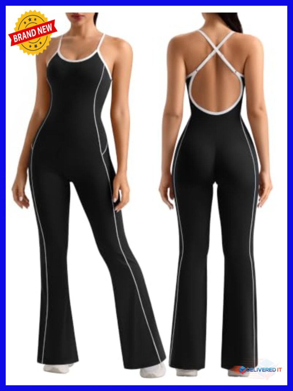 Women's Flare Workout Jumpsuit Scoop Neck Cross Straps Backless Romper Padded